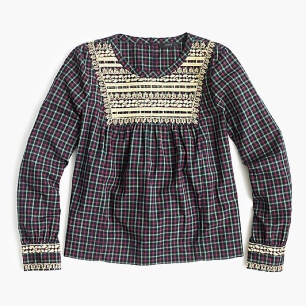J Crew Embroidered Plaid Top Navy Green Red Tartan Gold Metallic H4182 Tall M